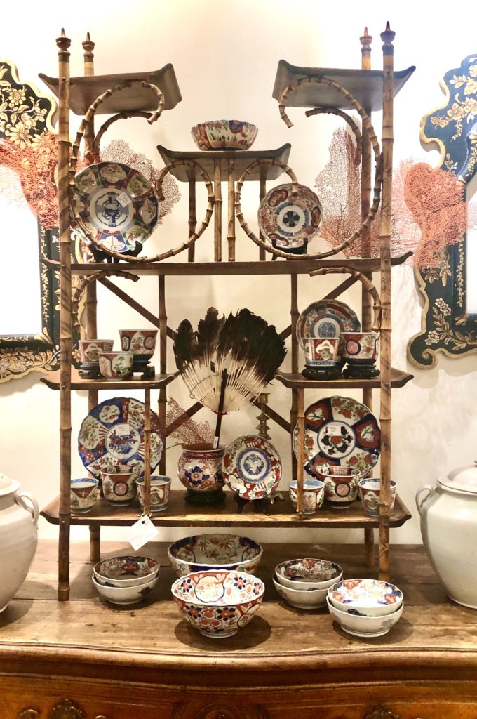 Antique Bamboo Display Cabinet With Vintage Porcelain