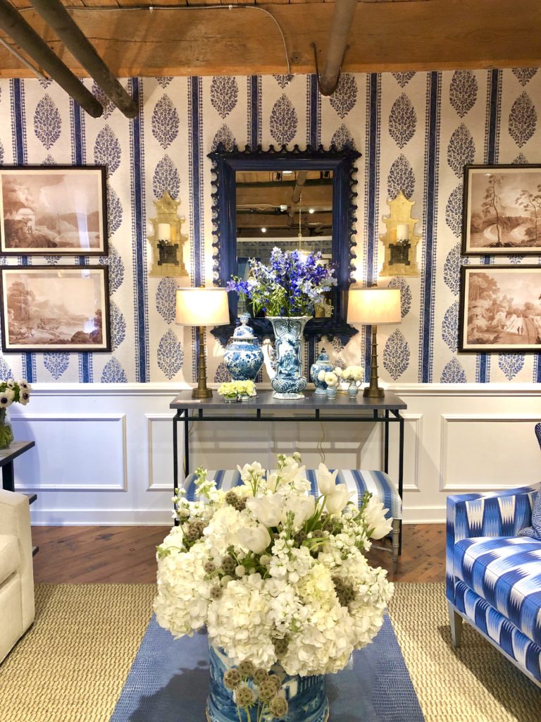 Blue and White Interiors, mixing patterns and textures featured at High Point Market.